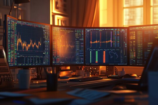 High-Tech Trading Desk with Multiple Monitors Displaying Financial Graphs and Market Data in a Warm, Inviting Environment During Sunset