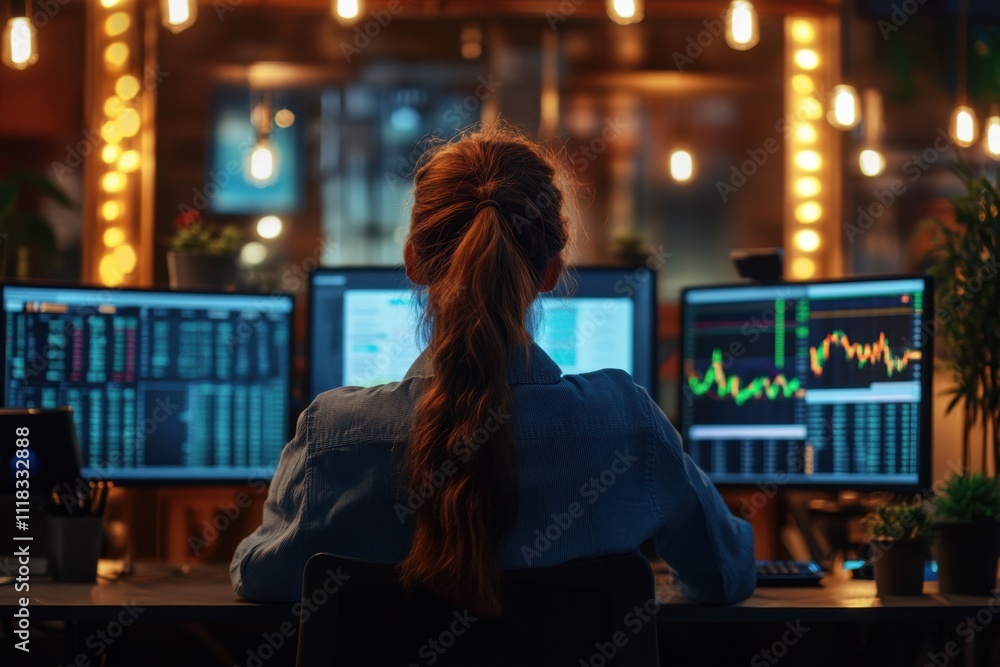Poster person analyzing financial data on multiple computer screens in a modern office environment with war