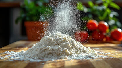 Flour dust rises from mound of flour on wooden surface, surrounded by fresh tomatoes and greenery, creating vibrant cooking atmosphere