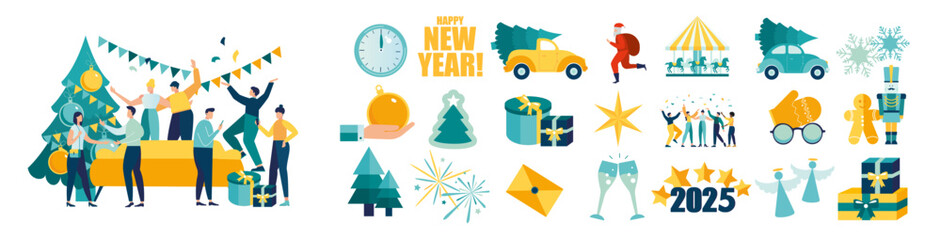 сетVector illustration set for the new year, decoration for the holiday, a company of people celebrating the new year