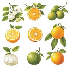 Fresh Orange Fruit  Citrus  Leaves and Flowers on White Background