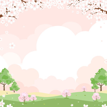 Pink Sky with cloud background,Spring landscape with Cherry flower frame boder,green grass field,Nature Summer flower fields with copy space,Cute Cartoon vector illustration backdrop banner for Easter