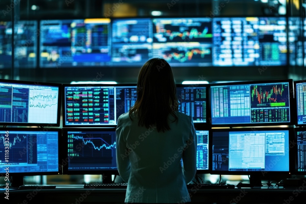 Poster professional woman analyzing market data with multiple monitors in financial office, visualizing gra