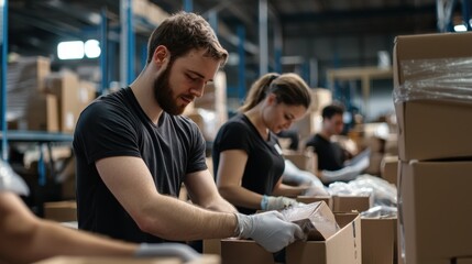 E-commerce team packing products for delivery in a stylish warehouse, with branded packaging visible