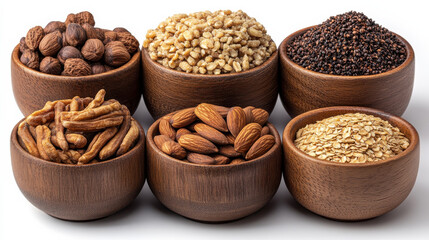 variety of nuts and seeds displayed in wooden bowls, showcasing their natural textures and colors. This collection includes almonds, oats, and other seeds, perfect for healthy snacking