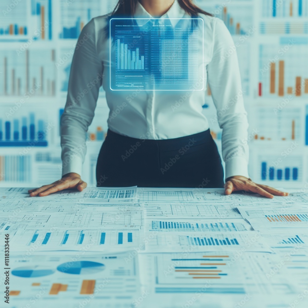 Poster a professional woman analyzing data charts and graphs on a digital interface, showcasing business in