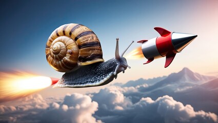 Snail launching into the sky on a rocket, symbolizing speed and patience, perseverance, personal growth, overcoming obstacles, and achieving dreams at your own pace-gigapixel-art-scale-2_00x