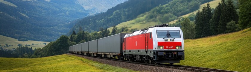 Naklejka premium A red train travels through a lush green valley, surrounded by mountains and clear skies, symbolizing travel and adventure.