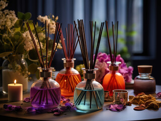 Awesome Spa composition with aroma oil diffuser lamp and candle on a blurred background