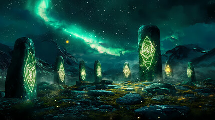 A mystical scene where the northern lights form a portal to another world, with glowing runes and ancient stones in the foreground. Runes. Illustration