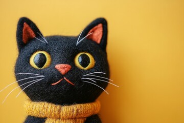 Adorable handmade black cat doll wearing a yellow scarf, perfect for halloween or any occasion