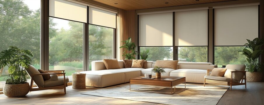 Modern living room with large windows featuring automatic roller blinds, solar shades. Wood decor panels complement modern style. Room well-lit with natural sunlight filtering through shades.