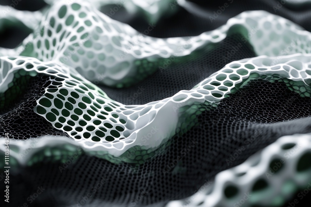 Poster abstract 3d rendering of a white and green honeycomb pattern on a dark background, resembling a flow