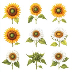 Sunflower Collection   Yellow and White Blooming Flowers  Bud and Leaves