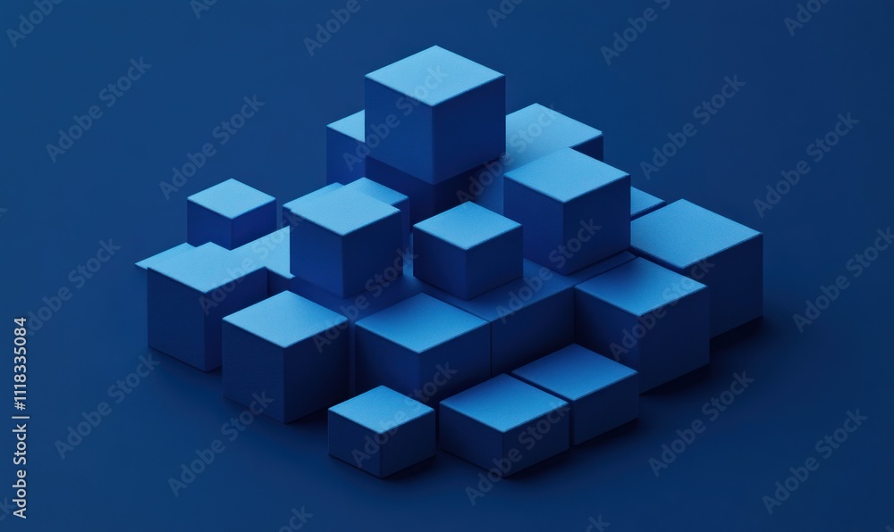 Poster abstract 3d rendering of blue cubes forming a complex structure on a dark blue background.