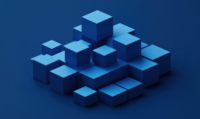 Obraz premium Abstract 3D rendering of blue cubes forming a complex structure on a dark blue background.