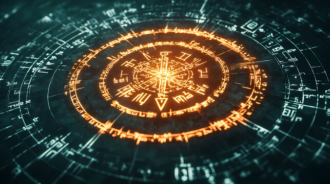 Abstract rune and arcane magic occult symbol background. mystical mythical typography. north/norse viking runes as binary code. web and network matrix, big data. Runes. Illustration