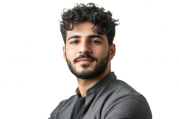 Obraz premium Confident young middle-eastern male with curly hair in casual attire.