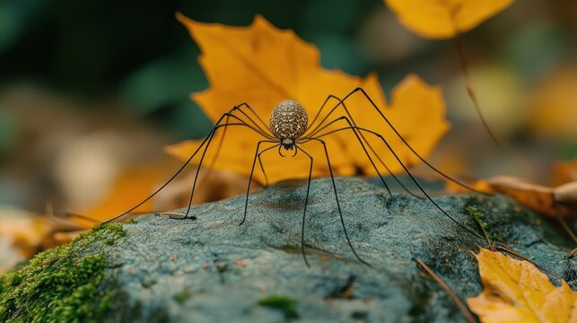 Harvestman spider on mossy rock with autumn leaves.