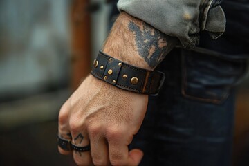 Close-up of biker's hand wearing a stylish, handmade leather bracelet with rivets and rings