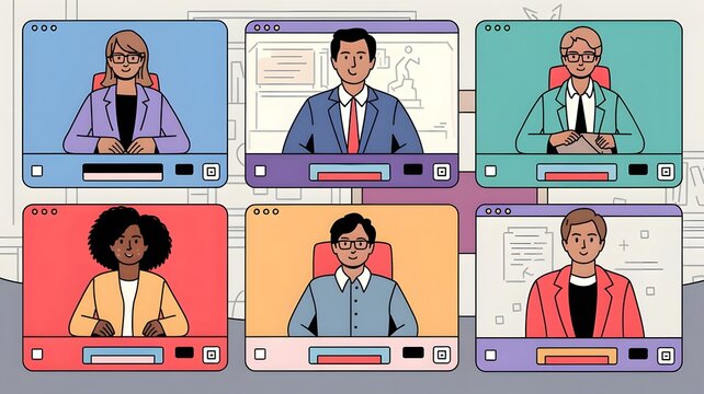 An illustrations of  people connecting together, learning or meeting online with teleconference, video conference remote working on laptop computer, work from home and anywhere, new normal concept,