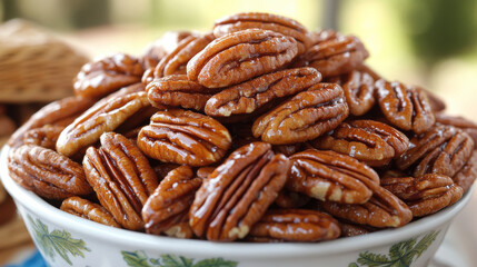 Obraz premium Caramelized pecans in bowl, perfect for appetizers or salads, adding sweet crunch to any dish. Enjoy their rich flavor and delightful texture!