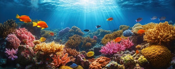 Vibrant coral reef teeming with colorful fish. Underwater scene diverse marine life. Sunbeams penetrate water illuminating coral formations, tropical fish. Exotic aquatic ecosystem. Ocean wildlife