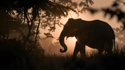 silhouette of a elephant in forest at sunset