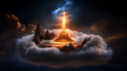 Majestic Floating Castle Surrounded by Ethereal Clouds