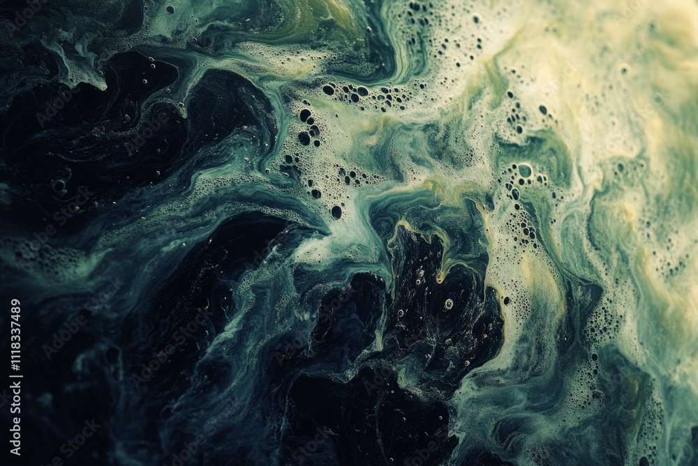 Poster abstract background formed by foam and bubbles mixing, creating swirling patterns in shades of green