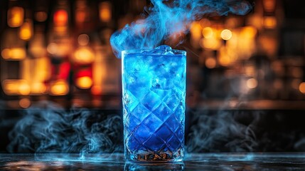 Enchanting Blue Cocktail with Smoke Effect in Stylish Bar Setting