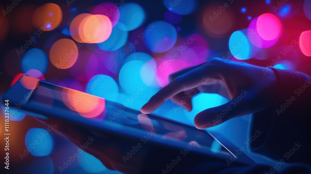 Poster hand using tablet with innovative production with colorful bokeh lights in background, creating a fu