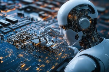 Futuristic Robot Analyzing Circuit Board Technology