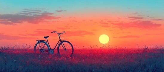 Vintage bicycle in a field at sunset.