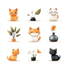 Obraz premium Cute Cartoon Cats with Plants and Flowers in Pots