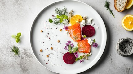 Colorful plated gourmet dish with salmon, herbs, and edible flowers