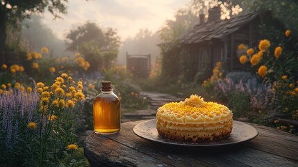 Honey cake and oil on rustic table in a garden at sunrise.