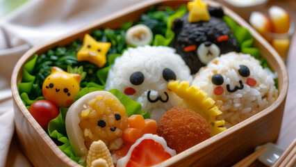 Adorable bento box filled with cute animal shaped rice balls, vegetables and other fun treats