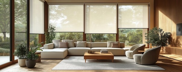 Modern living room with large windows equipped with automatic roller blinds, blackout shades. Wood decor panels on walls complement interior design. Comfortable beige sectional sofa, armchairs placed
