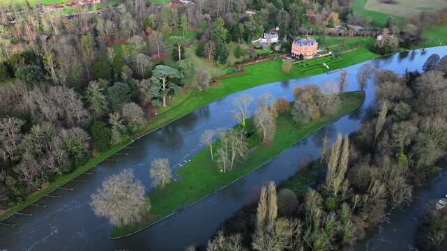 Aerial shot of a Mansion on the bank of the River Thames at Hurley