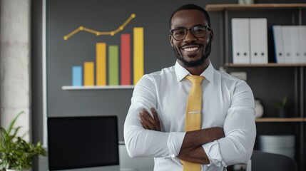 Business growth visualization with a bar graph overlay and a confident entrepreneur in a modern workspace