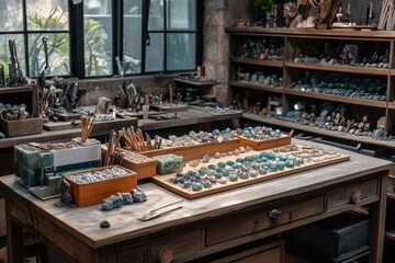 Jeweler's workbench displaying handcrafted jewelry featuring gemstones, highlighting the craftsmanship and artistry involved in jewelry making