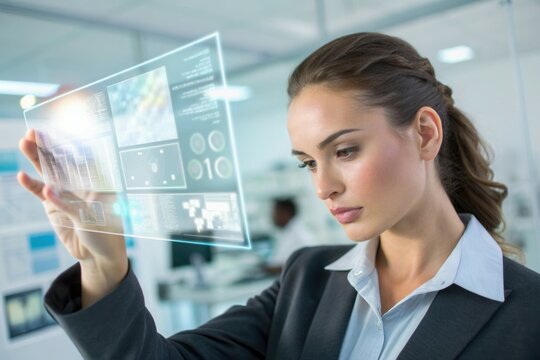 In a modern office setting, a focused business professional engages with a holographic interface displaying various data visuals and analysis while collaborating with colleagues in the background.