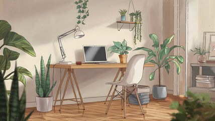 Fototapeta premium An illustration of a home office setup featuring a desk, chair, and laptop, with a desk lamp and printer stand