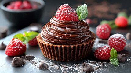 Delicious chocolate tart topped with fresh raspberries and mint leaves, creating tempting dessert that delights senses