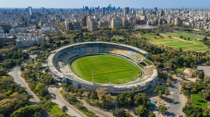 Aerial View of Urban Stadium Surrounded by Cityscape and Greenery