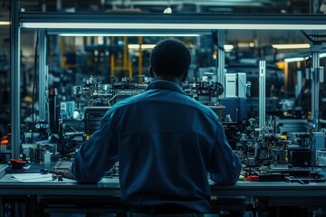 Fototapeta premium Technician Repairing Conveyor System in Industrial Setting
