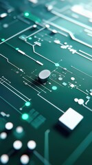 A close-up of a green circuit board featuring intricate pathways, electronic components, and glowing lights, representing advanced technology and electronics.