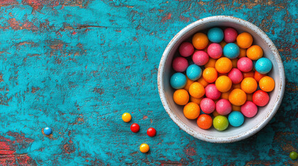 Colorful energy balls in white bowl on vibrant blue background create cheerful and playful atmosphere. Perfect for snacks or decoration