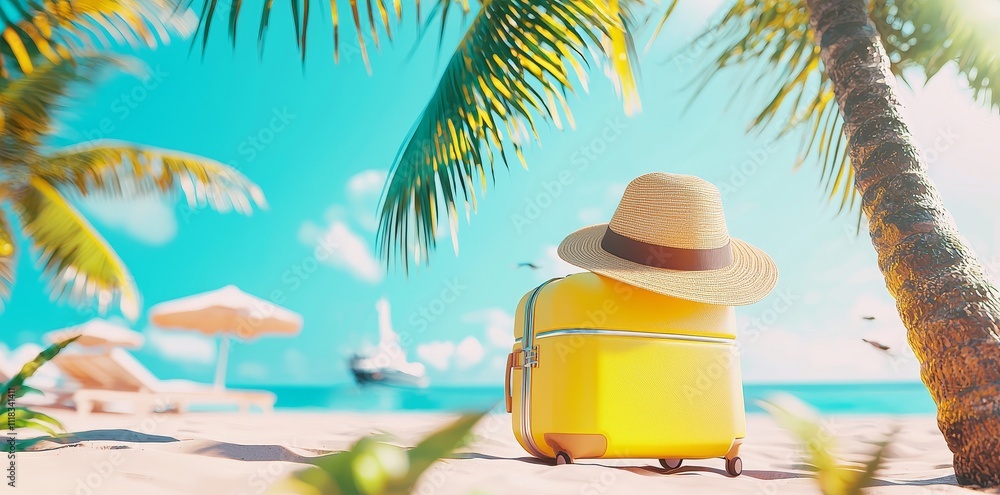 Aufkleber 3d rendering of yellow suitcase on sunny beach under palm tree